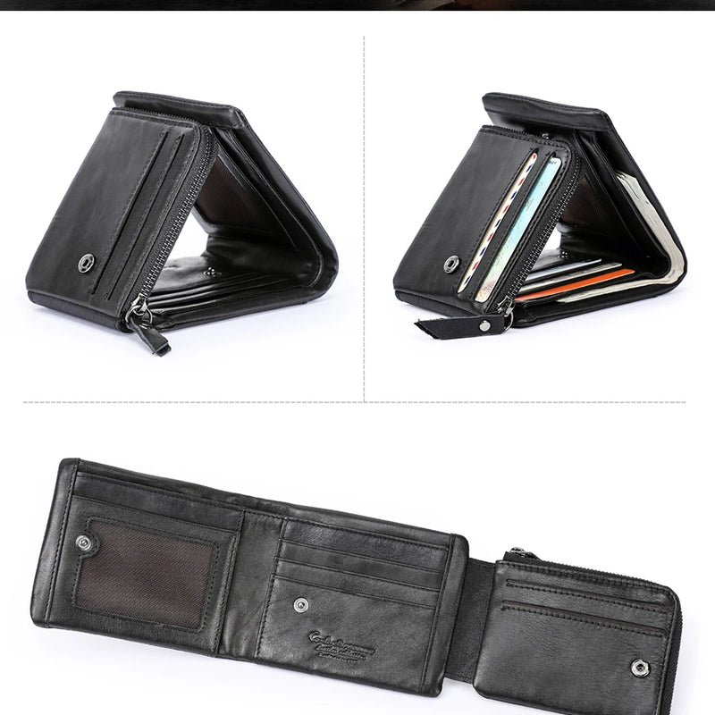 CONTACT'S Genuine Crazy Horse Leather Men Wallets Vintage Trifold Wallet Zip Coin Pocket Purse Cowhide Leather Wallet For Mens