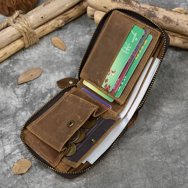 Men Crazy horse Genuine Leather Coin Wallet Real Leather Snap Short Purse Women Coin Pocket Zip Around Small Trifold Pocket