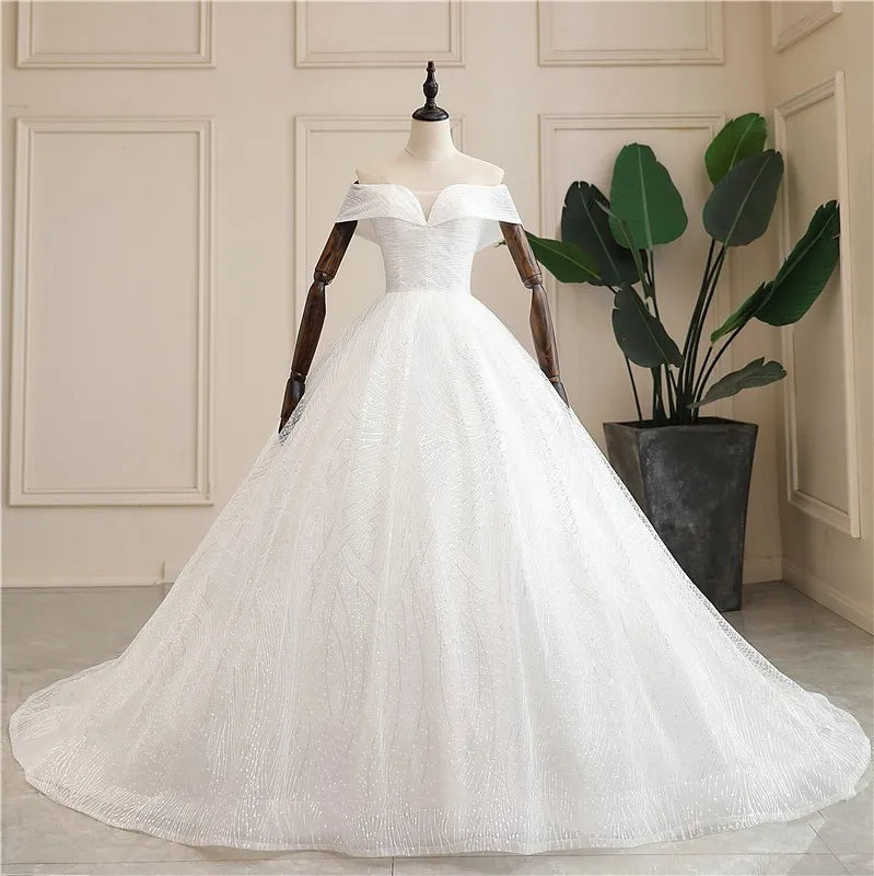 Wedding Dress Shiny Classic Boat Neck Bridal Party Gown - View 2 | SAMAG