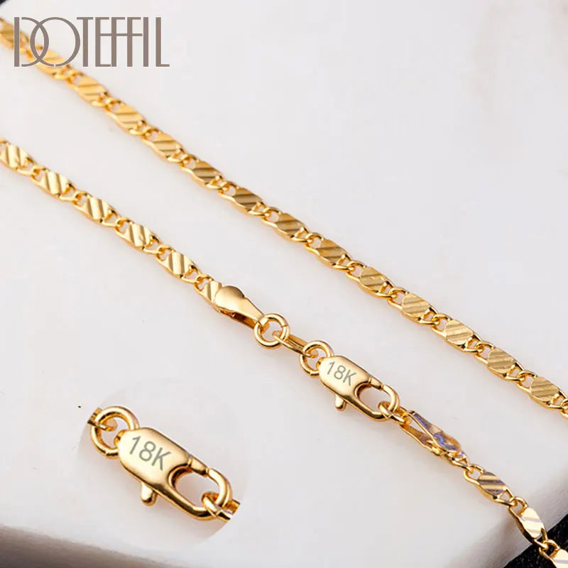 DOTEFFIL 18K Gold 2mm Charm Chain Necklace 16/18/20/22/24/26/28/30 Inch For Women Man Wedding Fashion Jewelry