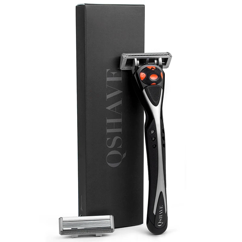 Qshave Black Spider New 6 Blade Razor Shaver for Man (1pc Handle, 2pc Germany X6 Blade)