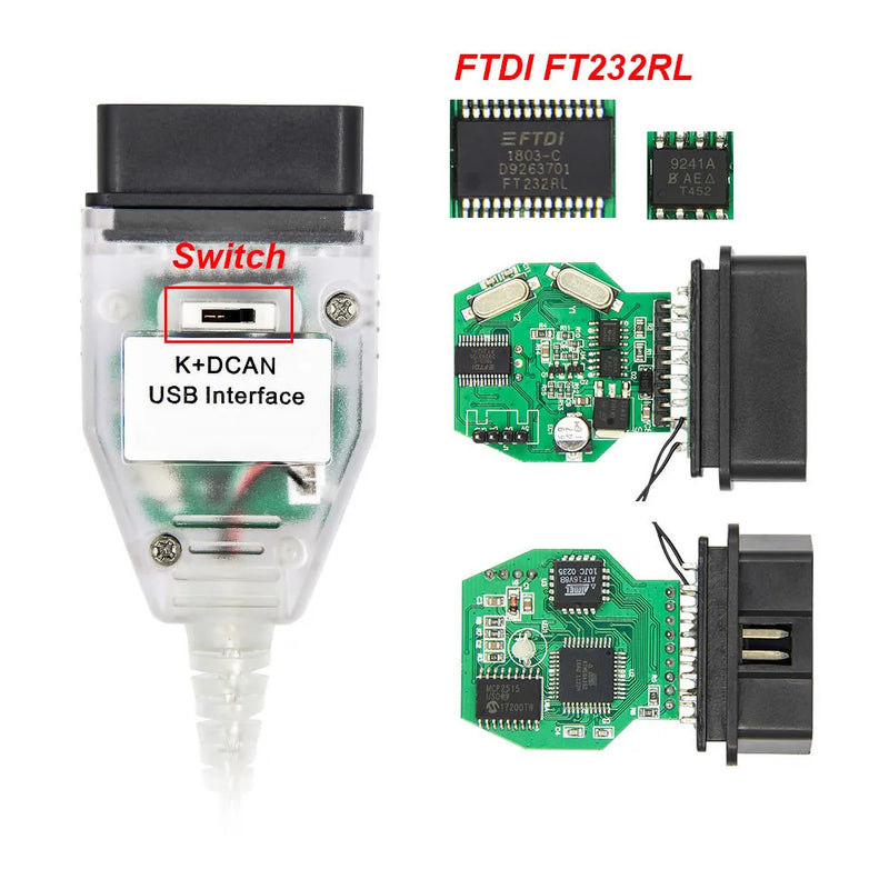 For K DCAN K+CAN FTDI Chip OBD2 Auto Car Diagnostic Tools OBD 2 Scanner Switch USB Interface Cable K + DCAN