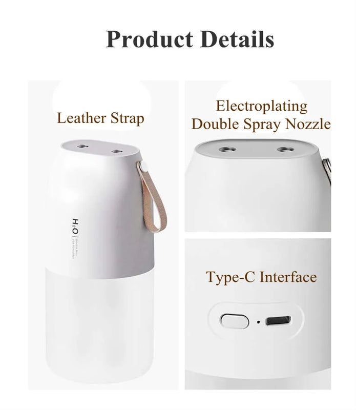 300ml Dual Sprayer Air Humidifier 2000mAh USB Rechargeable Battery Wireless Aroma Mist Maker Fogger Diffuser Light Umidificador