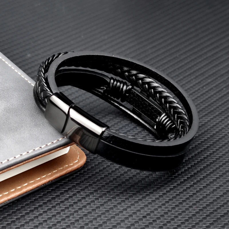Charm Stainless Steel Leather Cross Brown/black Bracelet Men Hiphop Jewelry Magnetic Clasp Mutilayer Male - Visuel 2 | SAMAG