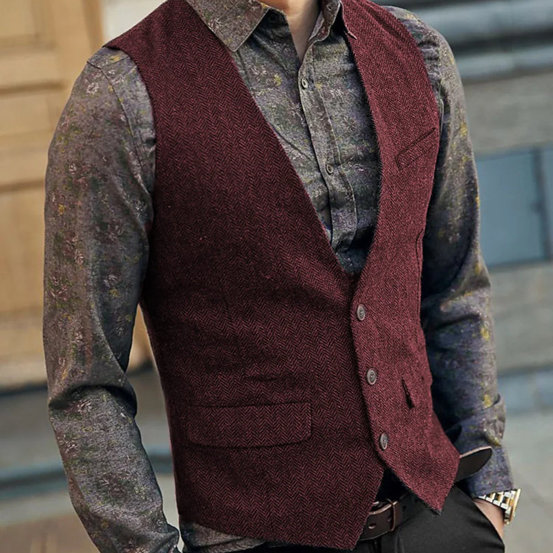 Slim Mens Vest Tweed Waistcoat Vest Vintage Herringbone V-neck Casual Wool Groomsmen Suits Vest For Wedding XS-5XL