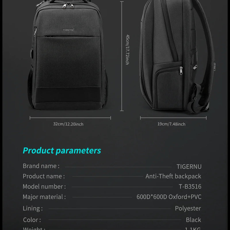Tigernu Men's Backpack Fashion Travel Backpacks Male Anti Theft USB Charging 15.6 Laptop Backpack Waterproof School Bags For Men