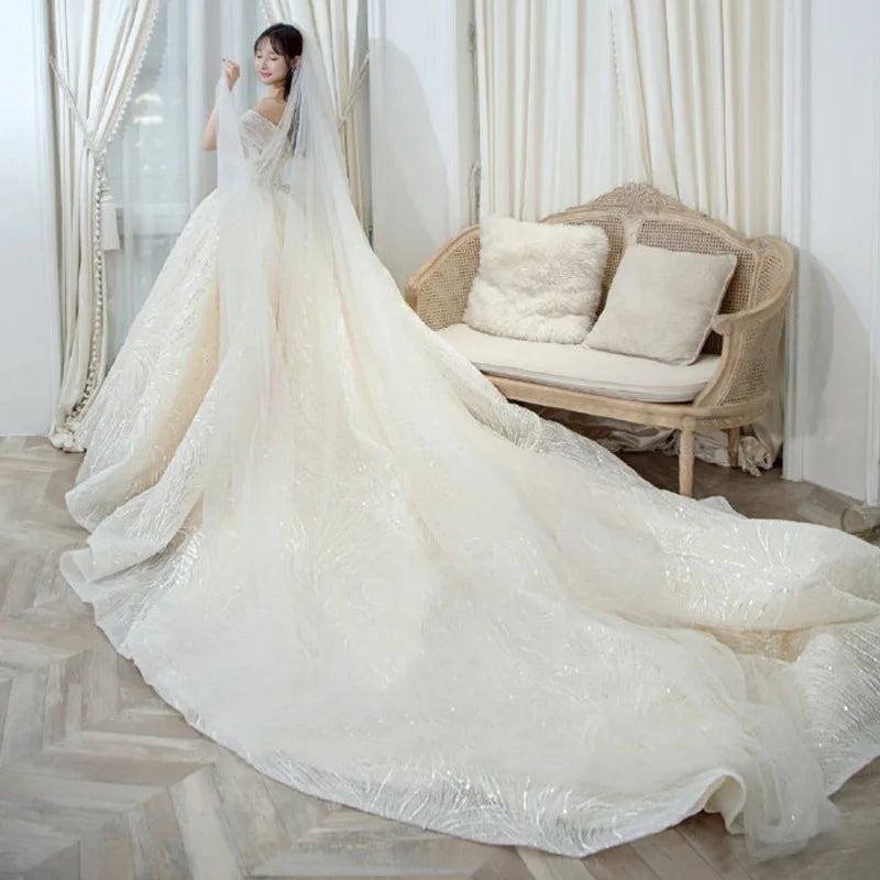 Wedding Dress Shiny Classic Boat Neck Bridal Party Gown - View 9 | SAMAG