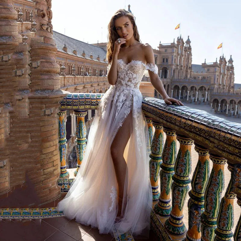 Eightree Church Sexy Champagne Wedding Dress off Shoulder - View 4 | SAMAG