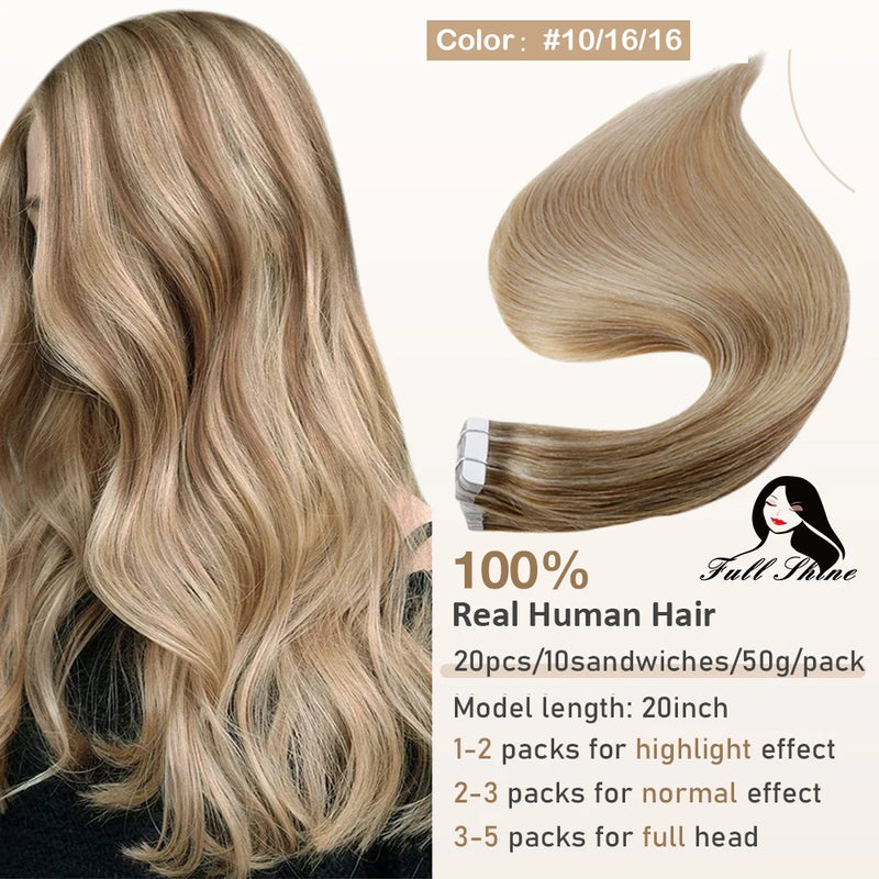 Full Shine Tape In Hair Extensions Human Hair 100% Remy Natural Human Hair Seamless Skin Weft Seamless Color Glue For Women