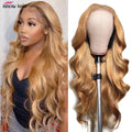 Honey Blonde Body Wave Lace Frontal Wig 27# Colored Pre Plucked 100% Human Hair Wigs Transparent Lace Closure Wig Human Hair