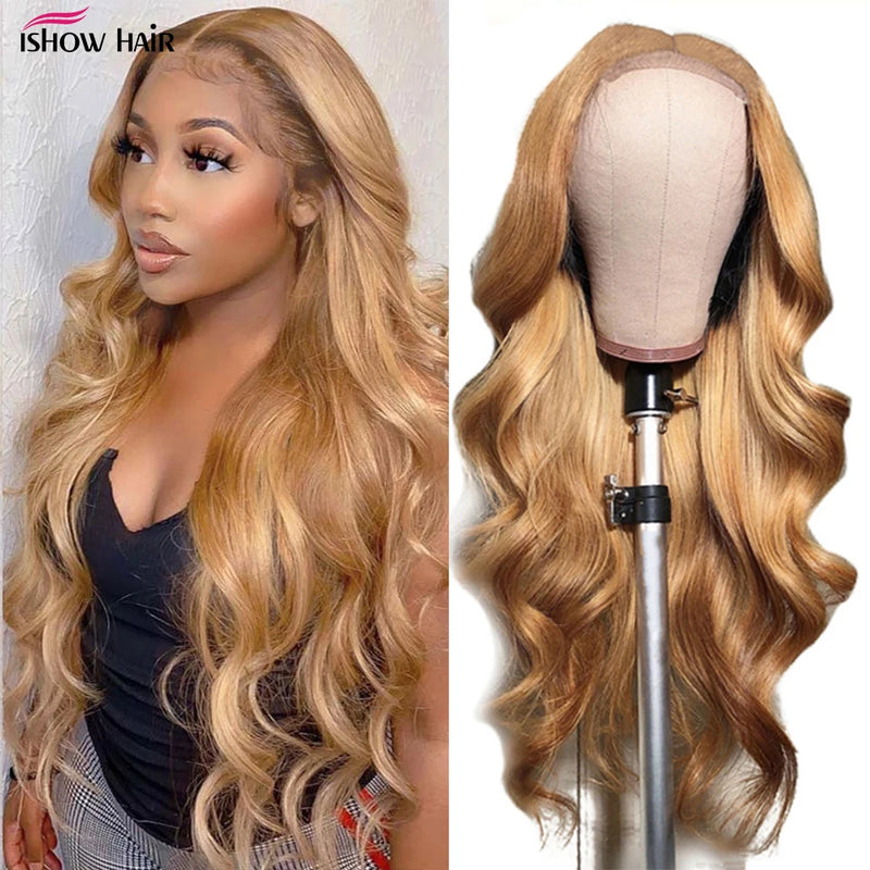 Honey Blonde Body Wave Lace Frontal Wig 27# Colored Pre Plucked 100% Human Hair Wigs Transparent Lace Closure Wig Human Hair