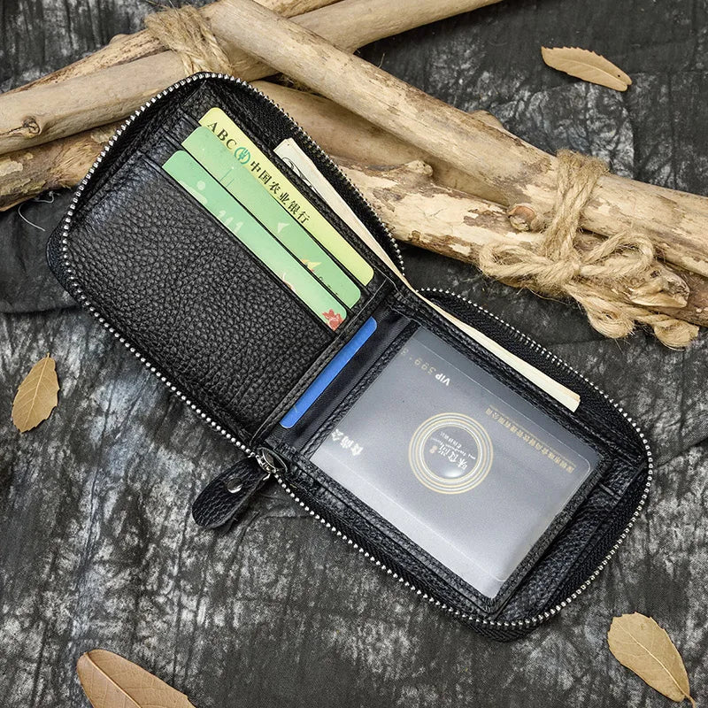 Men Crazy horse Genuine Leather Coin Wallet Real Leather Snap Short Purse Women Coin Pocket Zip Around Small Trifold Pocket