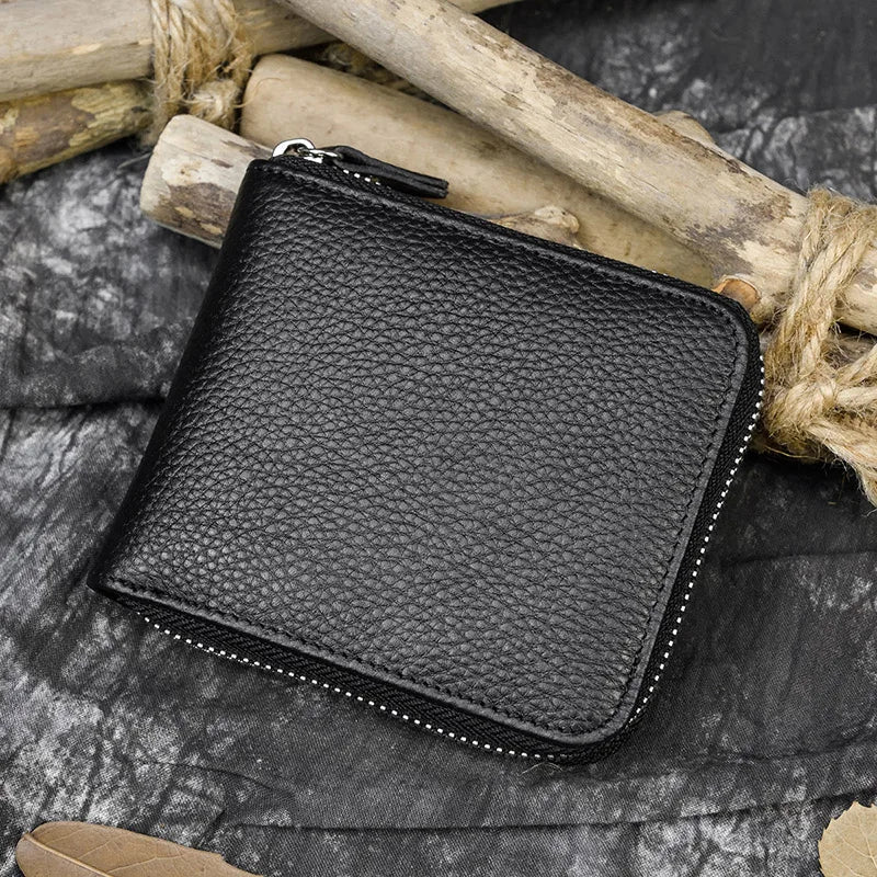 Men Crazy horse Genuine Leather Coin Wallet Real Leather Snap Short Purse Women Coin Pocket Zip Around Small Trifold Pocket