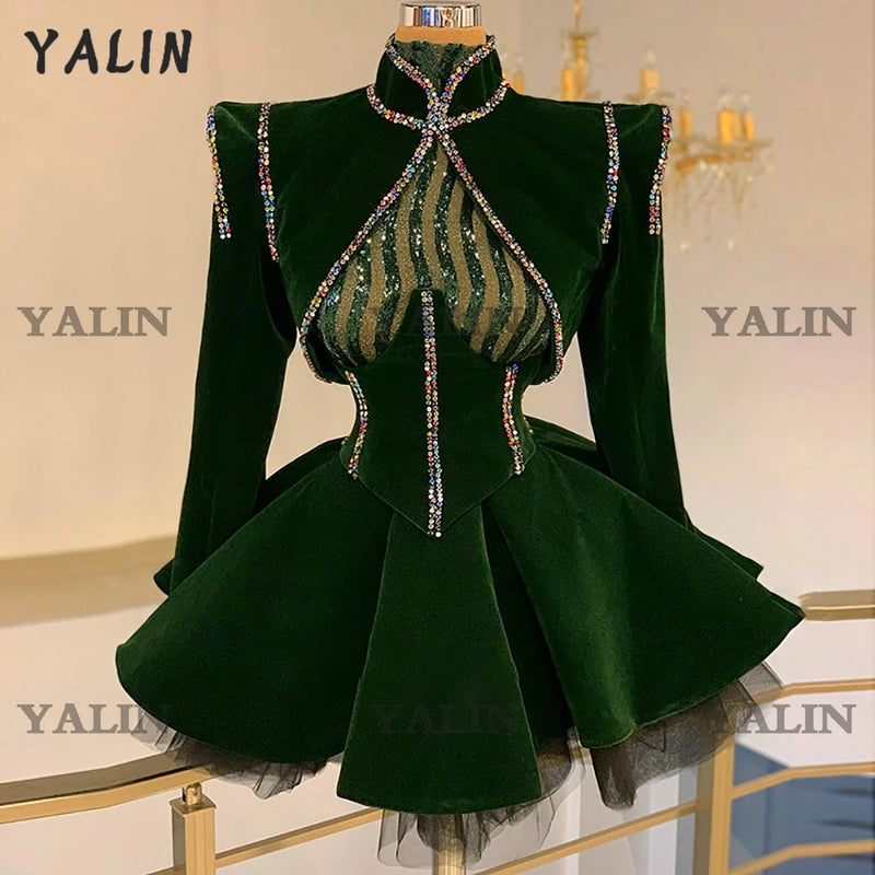Customized Dark Green Velour Beading Cocktail Dresses | SAMAG