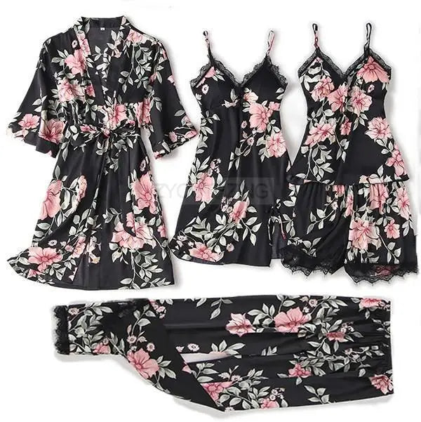 Pajama Set Women Lace Trim Satin Sleepwear Pyjamas | SAMAG