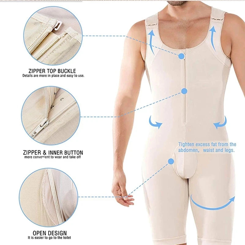 Men's Shapewear Bodysuit Full Body Shaper Compression Slimming Suit Breathable Zipper Corset Butt Lifter Leg Tummy Control Belt