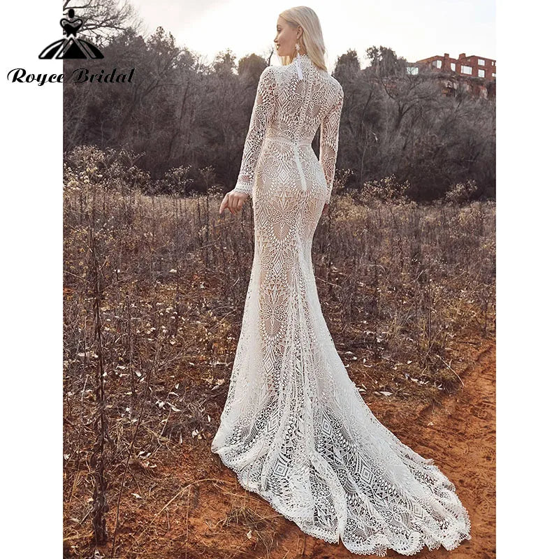 Mermaid Boho Beach Wedding Dresses with Back Buttons Lace - View 2 | SAMAG