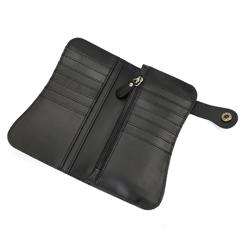 Men's Vintage Crazy Horse Leather Chain Wallet Genuine Leather Bifold Long Wallet Snap Card Holder Purse Zipper Coin Rfid Pocket