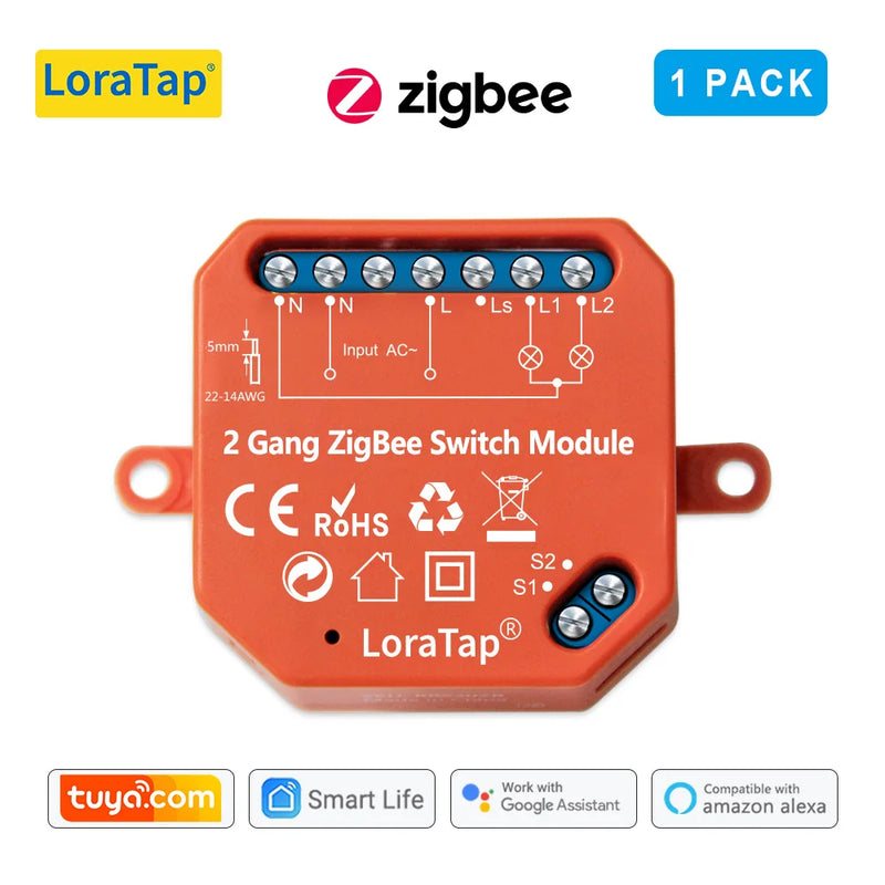 LoraTap Tuya ZigBee 3.0 2 Gang Light Switch Relay Module Google Home Alexa Echo Remote Control Work with Zigbee2MQTT DIY