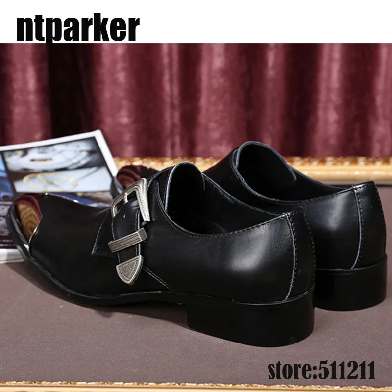 ntparker Fashion Men's leather shoes buckle strap pointy Mteal Front Cap high heels Business dress oxford shoes for men