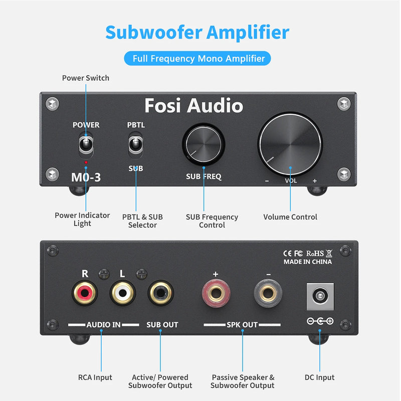 Fosi Audio M03 Subwoofer Amplifier 300W Mono Amp Digital Hifi Home Power Audio Amplifier for Home Theater