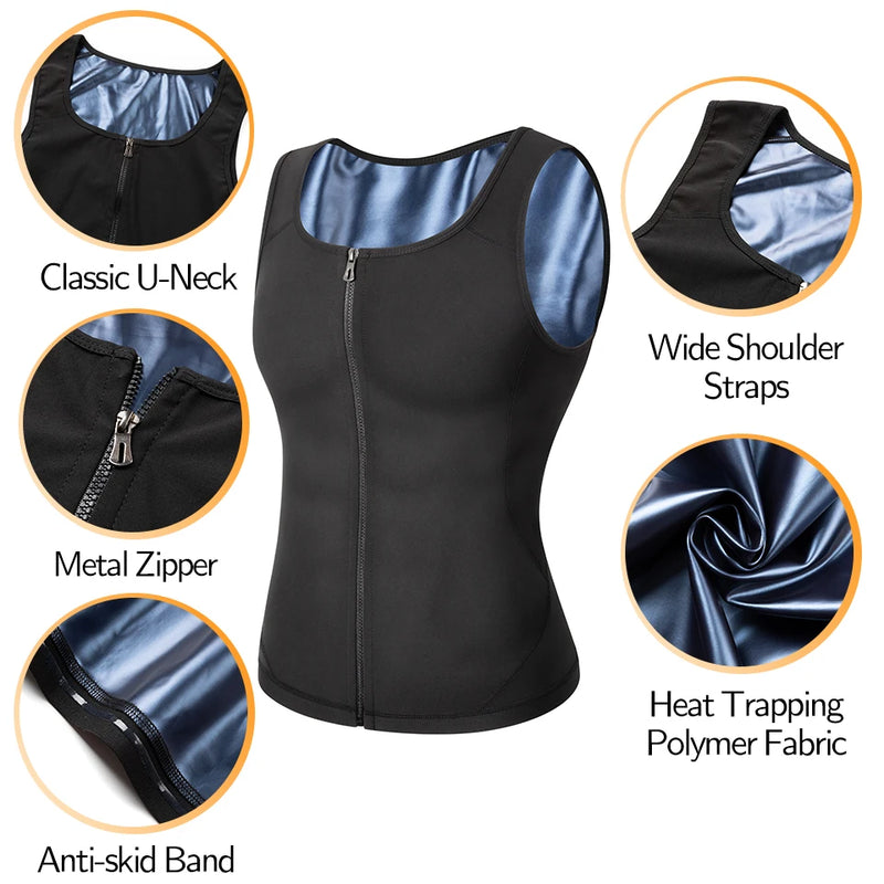 Men Sauna Sweat Vest Waist Trainer Corset Zipper Workout Tank Top Slimming Body Shaper Compression Shirt Weight Loss Fat Burner