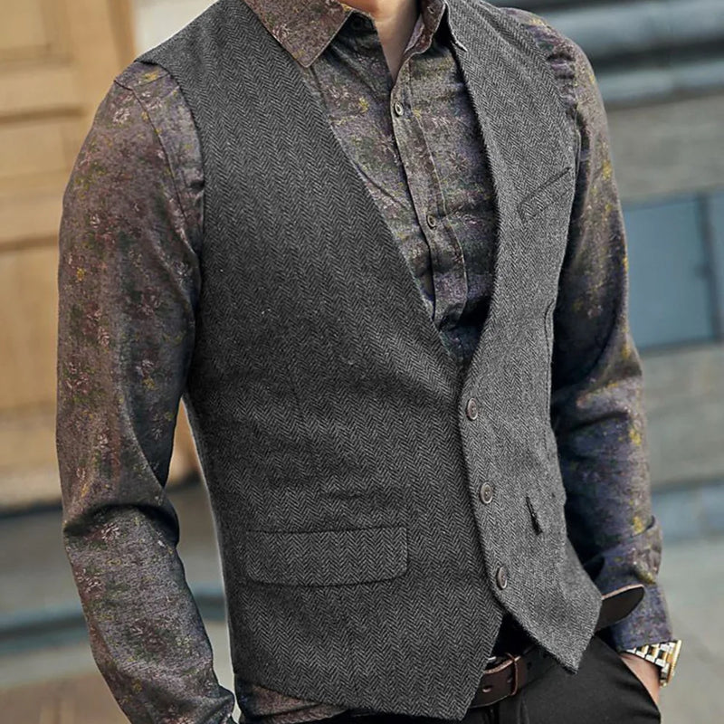 Slim Mens Vest Tweed Waistcoat Vest Vintage Herringbone V-neck Casual Wool Groomsmen Suits Vest For Wedding XS-5XL