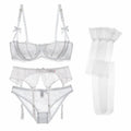 CYHWR Luxury Half Cup Lace Transparent Sexy Lingerie Ultra-thin Solid Shell Style 4 Pieces/Lots Bra Set and Garter and Stocking