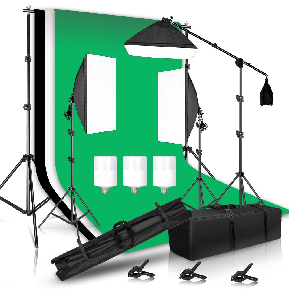 Photography Lighting Kit With 2x2M Photo Background Muslin Backdrops Softbox Light Stand Portable Bag Soft BoxFor Photo Studio