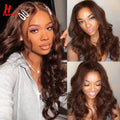 HairUGo 4# Brown Body Wave Lace Closure Human Hair Wigs T Lace Part Wigs Peruvian Hair Chocolate 4x4 Lace Closure Wigs For Women