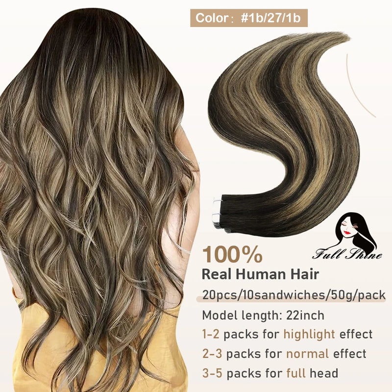 Full Shine Tape In Hair Extensions Human Hair 100% Remy Natural Human Hair Seamless Skin Weft Seamless Color Glue For Women