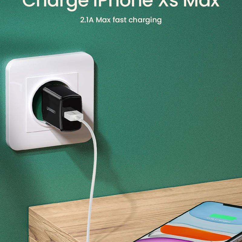 Ugreen 5V 2.1A USB Charger for iPhone 16 15 14 iPad Fast Wall Charger EU Adapter for Samsung S9 Xiaomi Mi 8 Mobile Phone Charger