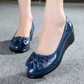 EOFK Women Pumps Genuine Leather Shoes Wedges Low Heel Soft Butterfly Knot Round Toe Shallow Comfortable Ladies Mother Loafers