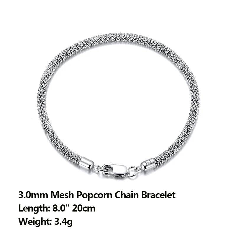 Rinntin Italian 925 Sterling Silver 3.0mm Mesh Popcorn Chain Bracelet for Women Jewelry Female Dating Trendy Accessories TSB65