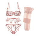 CYHWR Luxury Half Cup Lace Transparent Sexy Lingerie Ultra-thin Solid Shell Style 4 Pieces/Lots Bra Set and Garter and Stocking