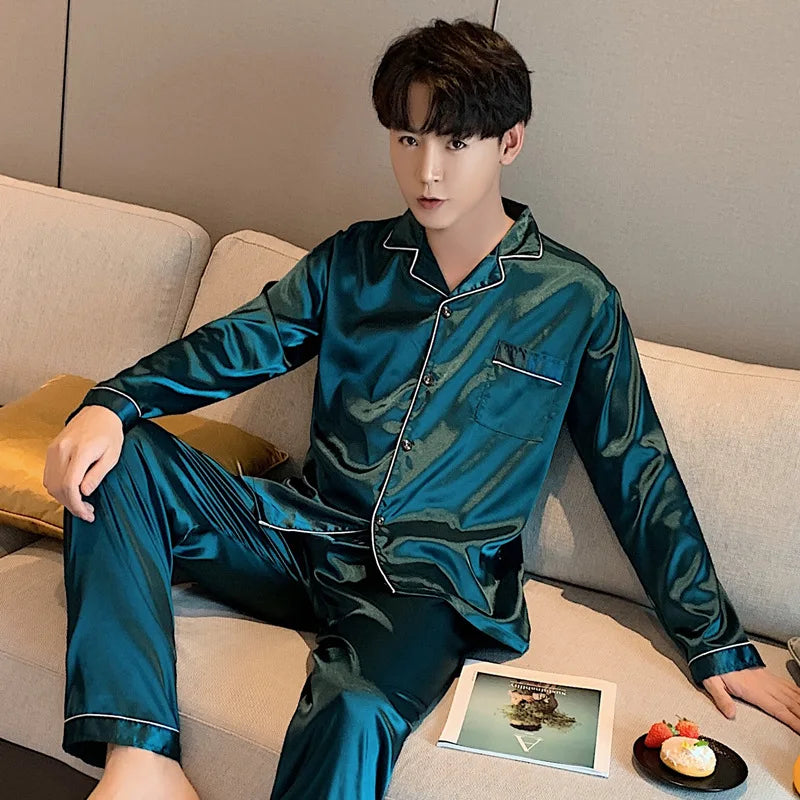 Solid Color Sleepwear Silk Satin Pajamas Couple Set Long Button-Down Pyjamas Suit Pijama Women Men Loungewear Plus Size Pj Set