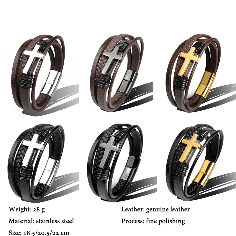 Charm Stainless Steel Leather Cross Brown/black Bracelet Men Hiphop Jewelry Magnetic Clasp Mutilayer Male - Visuel 3 | SAMAG