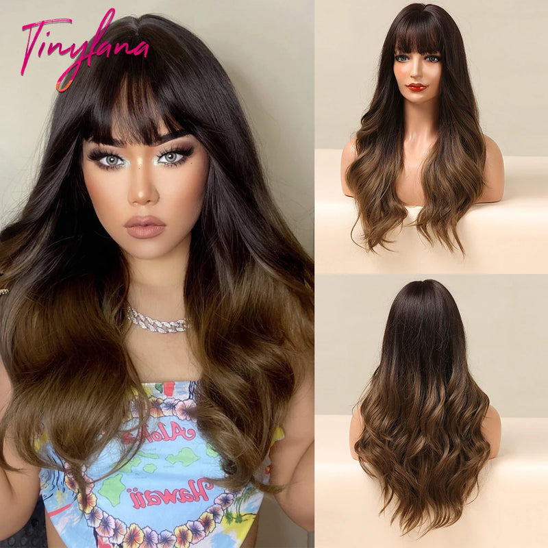 TINY LANA Natural Black Long Wavy Synthetic Wig with Bangs for Women Body Wave Dark Brown Wigs Cosplay Daily Hair Heat Resistant