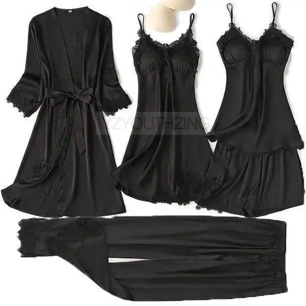 Pajama Set Women Lace Trim Satin Sleepwear Pyjamas | SAMAG