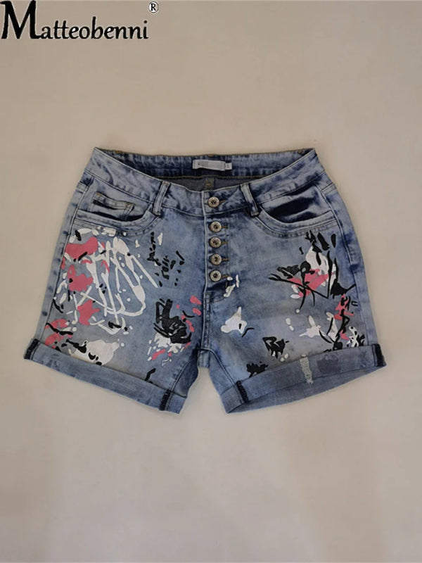 2025 Female Casual Bottoms Harajuku Vintage Streetwear Summer New Buttons Women Denim Shorts Washed Flower Print Jeans