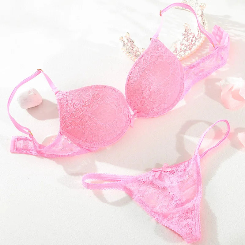 Cotton Deep V Lace Surface Push Up Sexy Bra Panty Sets Matching Bow G-string Comfortable Underwear Women Lingerie Set Intimates