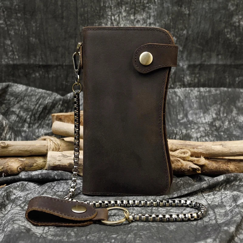 Men's Vintage Crazy Horse Leather Chain Wallet Genuine Leather Bifold Long Wallet Snap Card Holder Purse Zipper Coin Rfid Pocket