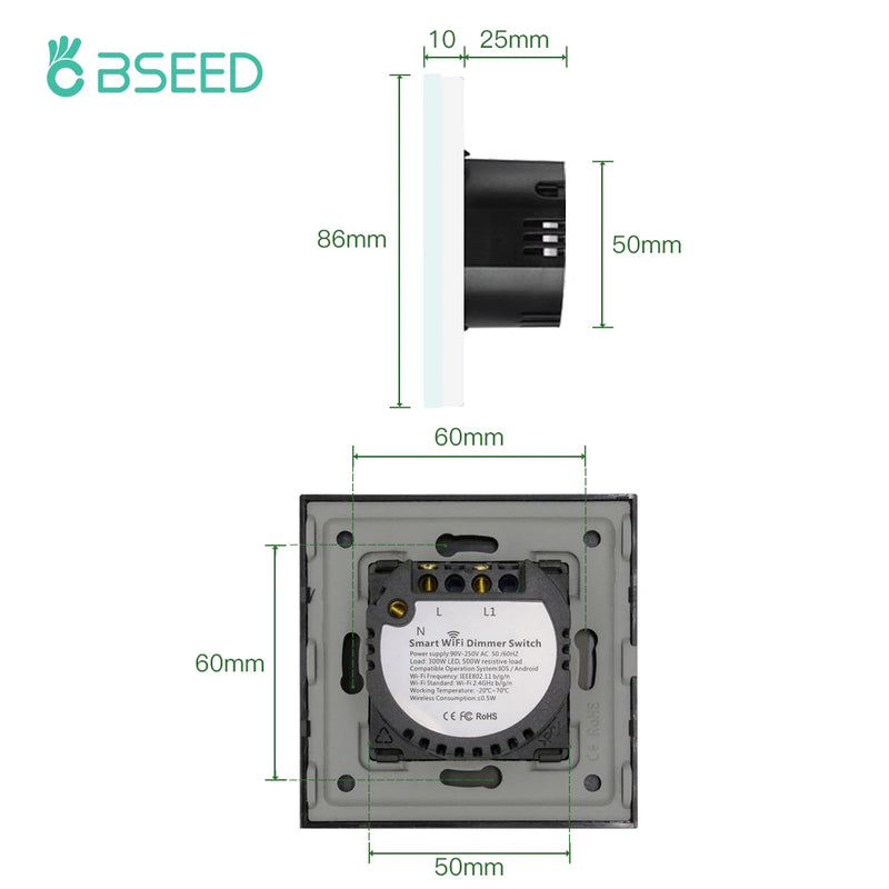 BSEED Single Smart Wifi Dimmer Switches 1Gang 1WayWifi Control Dimmable Led Light Glass Panel Support Tuya Google Smart Life