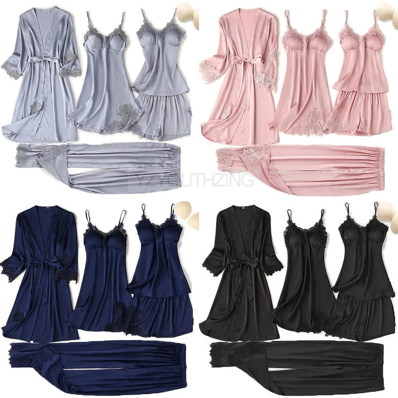 Pajama Set Women Lace Trim Satin Sleepwear Pyjamas | SAMAG