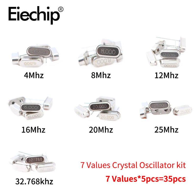 35pcs/Lot Crystal Oscillator Electronic Kit, HC-49S 7 kind DIP Quartz Oscillator 32.768Khz 4Mhz 8Mhz 12Mhz 16Mhz 20Mhz 25Mhz