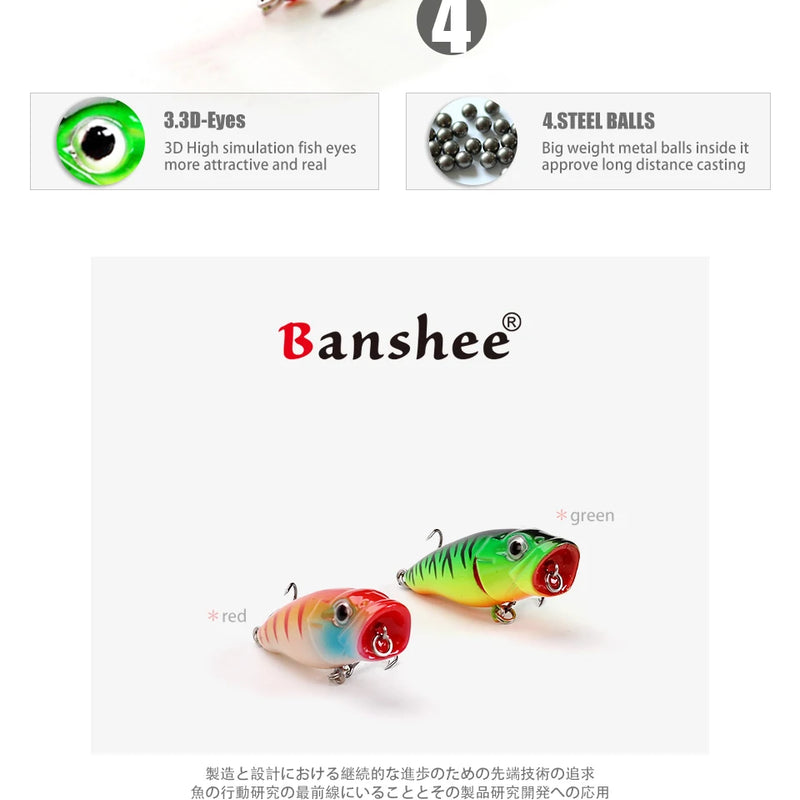 Banshee 45mm 3.3g Mini Popper Fishing Lure Hard Bait Artificial Poper Topwater Bass Trout Pike Fishing Crankbait Crank Wobbler