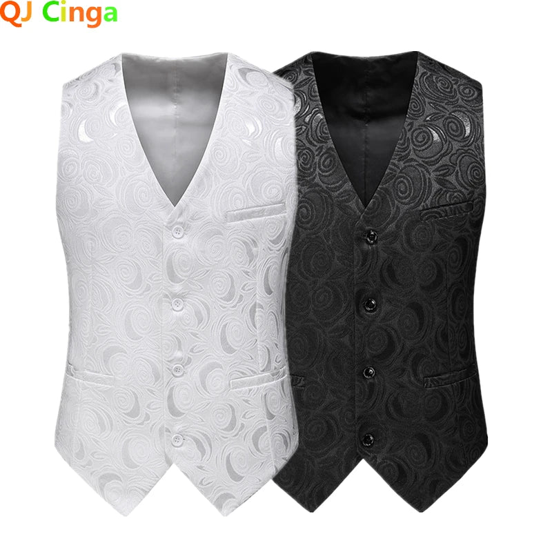 2026 Men's White Rose Sleeveless Waistcoat, Single-breasted V-neck Business Vest, Wedding Party Men Vests Blue Red Black