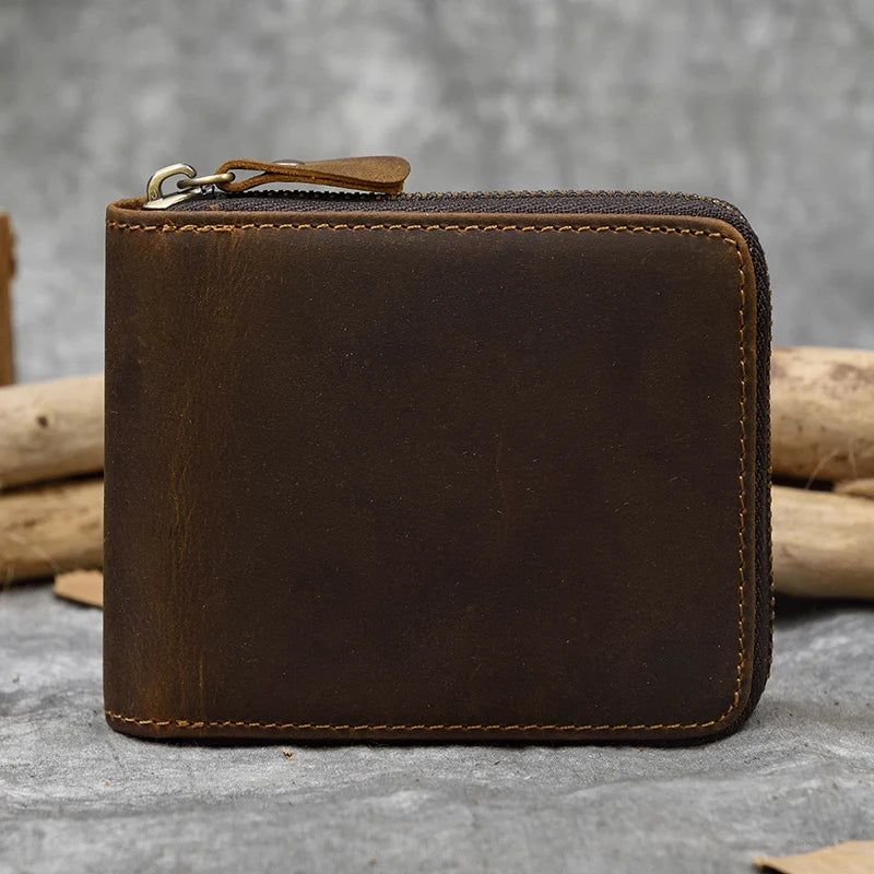 Men Crazy horse Genuine Leather Coin Wallet Real Leather Snap Short Purse Women Coin Pocket Zip Around Small Trifold Pocket
