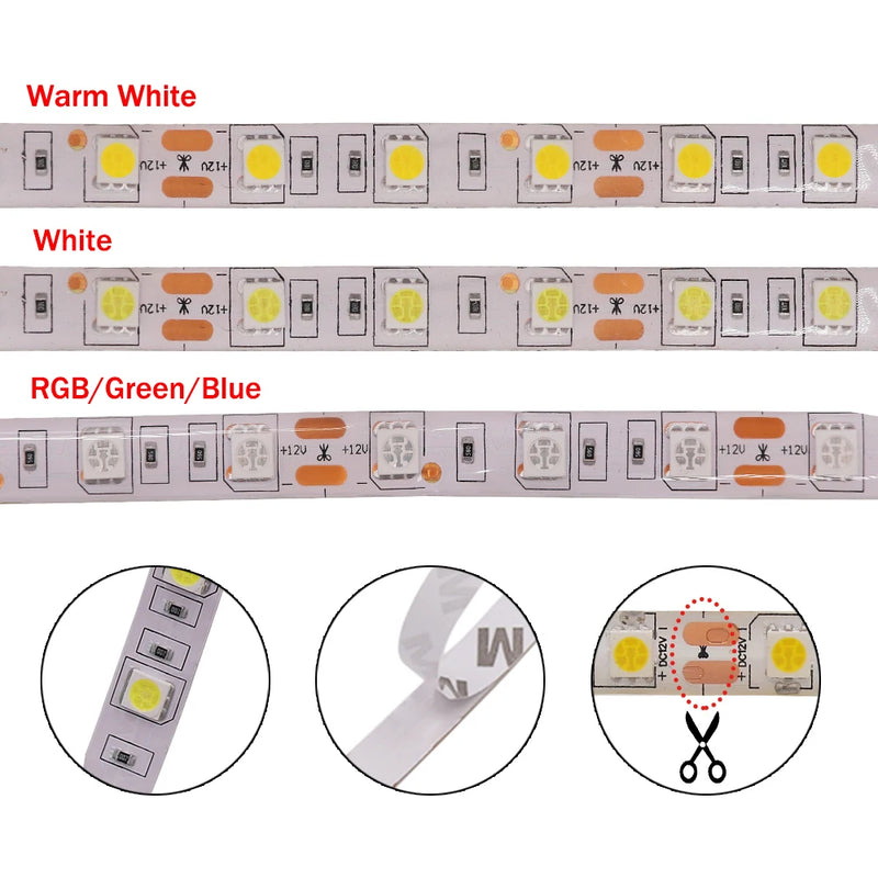 LED Strip Light 12V 24V 2835 5050 5054 5M RGB White Pink Red Blue Flexible LED Tape Ribblon 120LED 60LED 480LED Waterproof Decor