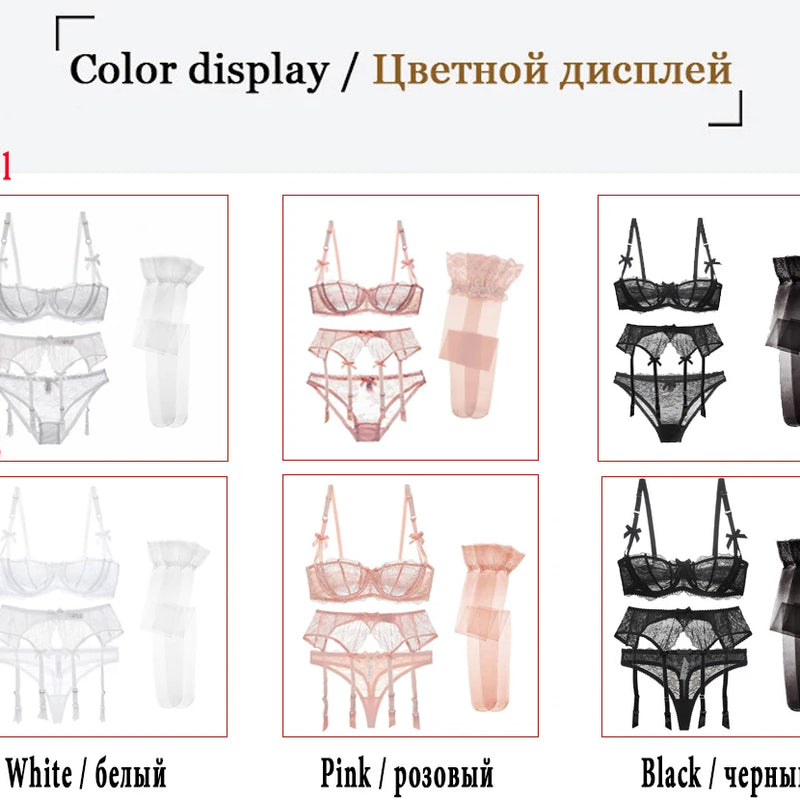 CYHWR Luxury Half Cup Lace Transparent Sexy Lingerie Ultra-thin Solid Shell Style 4 Pieces/Lots Bra Set and Garter and Stocking